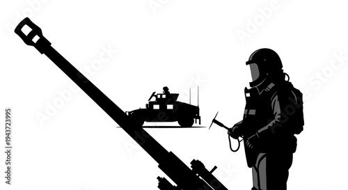Military Soldier with Artillery Gun and Armored Vehicle Silhouette