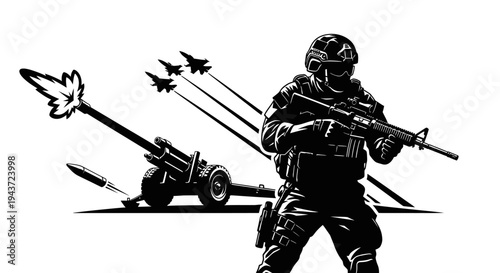 Military Soldier with Artillery and Jets, War Concept