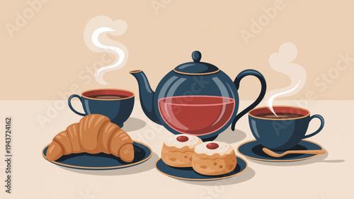 Breakfast still life with steaming tea cups croissant and sweet pastry on plates