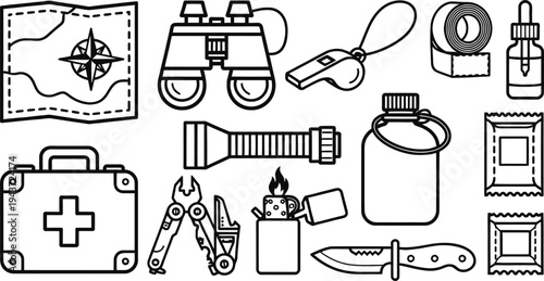 Camping and Survival Gear Line Icons Set Featuring Map Binoculars Flashlight Knife First Aid Kit and Outdoor Adventure Equipment Vector Illustration