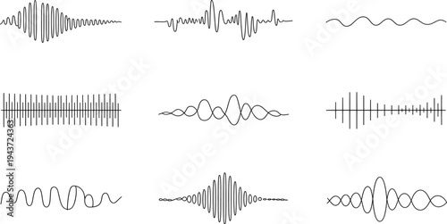 A collection of nine distinct visual representations of sound waves, depicted in a minimalist black and white style