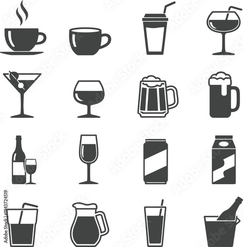 A collection of vector icons representing various beverages and drinks for use in graphic design and applications