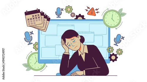 Overwhelmed businesswoman suffering from work stress and burnout with multiple tasks and deadlines.