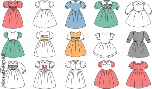 Colorful children dresses collection with lace bows pleats puff sleeves and decorative details kids fashion vector illustration setPrint