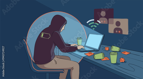 A hooded figure with a low battery icon on their back, deeply engrossed in laptop work at a messy desk with virtual connections and empty cups.