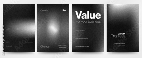 Abstract Business Presentation: A visually striking quartet of monochrome business presentation covers, each exuding a sleek, professional aesthetic. Focused on the concepts of value, growth.