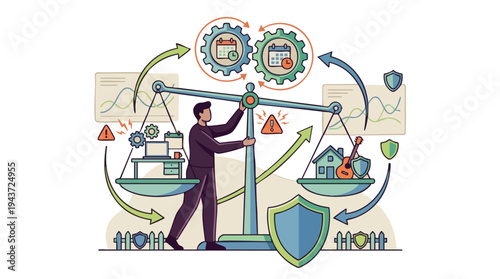 Man balancing work and life on a scale, representing equilibrium, management, and security with gears, charts, and shields.