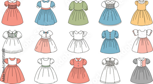 Colorful children dresses collection with lace bows pleats puff sleeves and decorative details kids fashion vector illustration setPrint