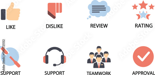 Customer feedback icons set like dislike review rating support teamwork and approval flat business communication vector illustration