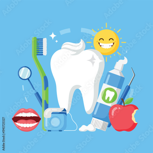 Dental health illustration with smiling sun and tools