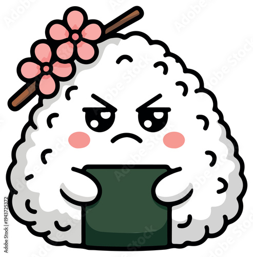 Kawaii onigiri rice ball character with pink cheeks and cherry blossom branch decoration cute Japanese food sticker style vector illustration