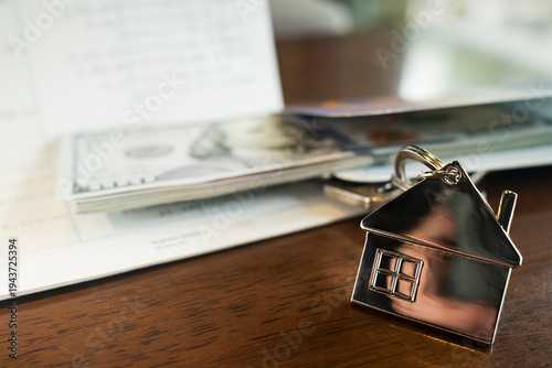 Silver house keychain on bank passbook and US dollar bills for mortgage loan and real estate investment concept. Success in property saving, financial credit and home insurance planning.