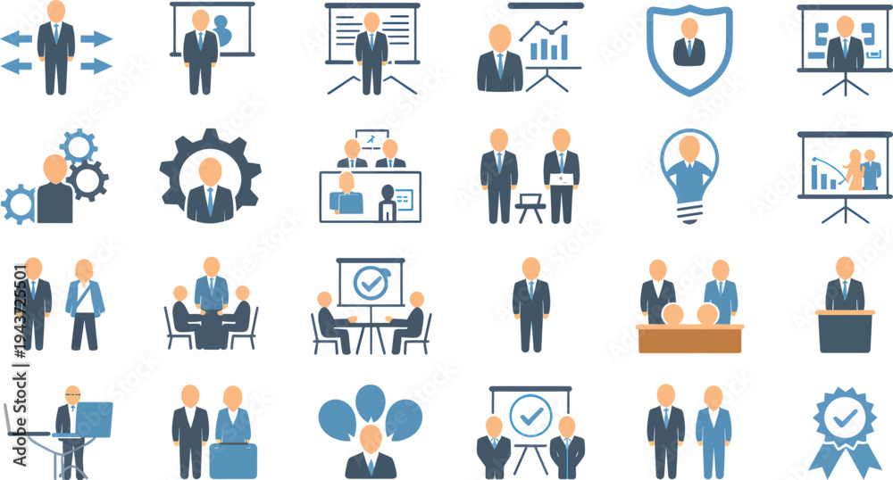 Fototapeta premium Comprehensive collection of modern business and management vector icons, ideal for illustrating corporate strategy, team collaboration, human resources, and professional presentations
