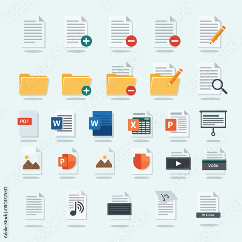 Flat vector graphic depicting various document and folder icons