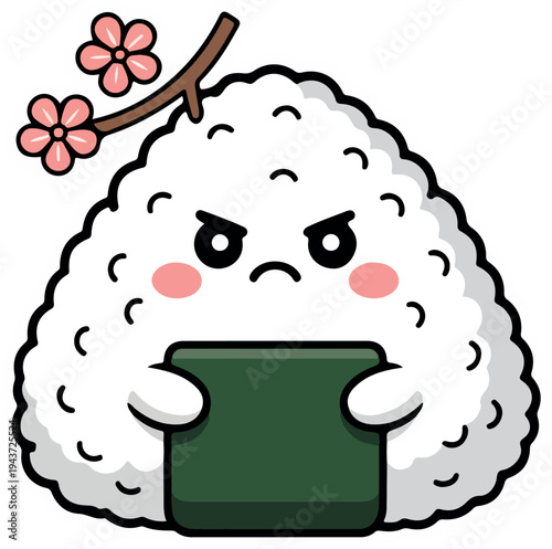 Kawaii onigiri rice ball character with pink cheeks and cherry blossom branch decoration cute Japanese food sticker style vector illustration