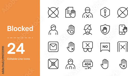 A versatile collection of editable line icons for digital interfaces, illustrating concepts of blocking, access denied, security warnings, and various error states