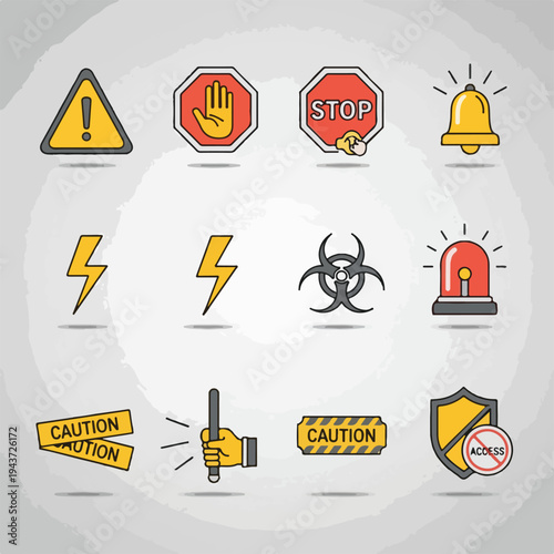 Icons of various warning signs, symbols, and hazards