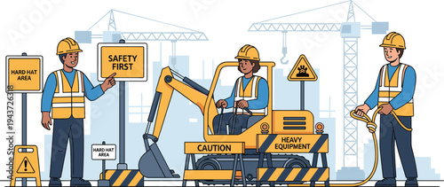 Construction workers operating excavator with safety signs and heavy equipment at urban building site industrial safety first concept illustration for engineering teamwork