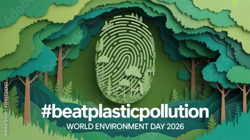 Fingerprint in forest with trees and grass symbolizing eco friendly world environment day 2025 beatplasticpollution