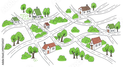 Charming Cartoon Neighborhood with Houses, Trees, and Roads