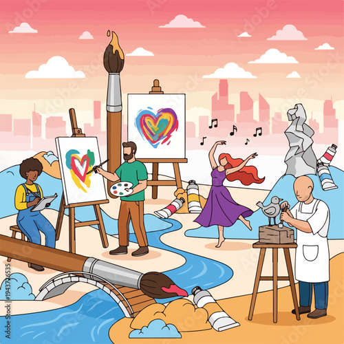 Illustration of creative expression, featuring painters, a dancer, and a sculptor