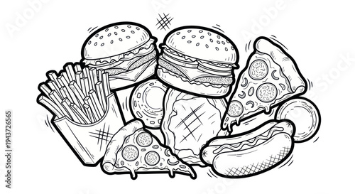 Fast Food Doodle Collection: Burgers, Fries, Pizza, Hot Dog - Black and White Hand Drawn