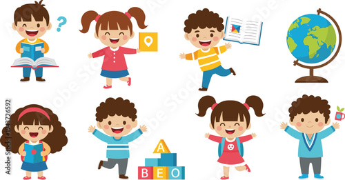 Cute school children learning reading books playing and studying with globe blocks and backpack cartoon kids education vector illustration