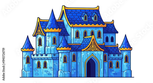 Magical Blue Castle with Golden Accents, Fairytale Illustration