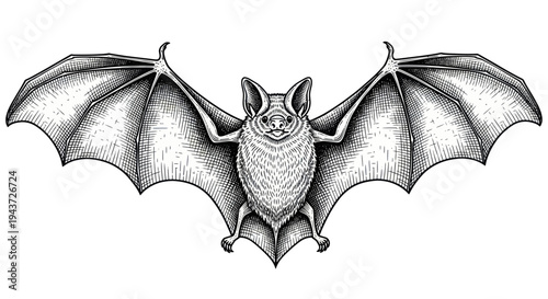 Detailed illustration of a bat with wings spread, black and white sketch style