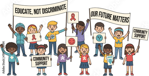Diverse children holding social awareness banners educate not discriminate community support and future matters messages cartoon kids activism illustration