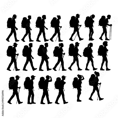 Men and Women Hiking with Backpacks Outdoor Travel Silhouette