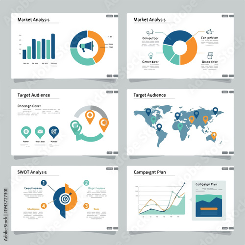 Presentation slides showing charts, maps, diagrams