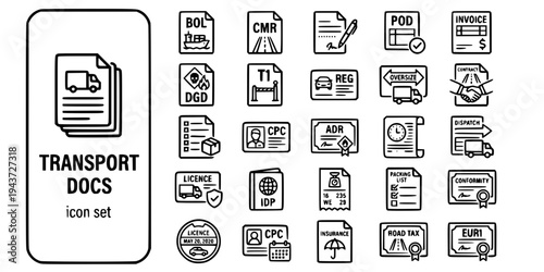 Road Transport Documentation Bold Line Icons-BOL CMR POD ADR Certificate Tachograph Manifest Permit Haulage Contract-25 Transport Docs Icon Set Vector