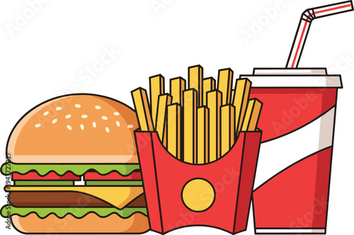 Fast food combo burger french fries and soda drink cartoon meal illustration tasty takeaway restaurant menu junk food vector