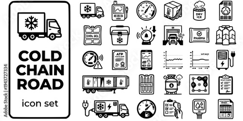 Cold Chain Road Transport Bold Line Icons-Reefer Truck Temperature Logger ATP Certificate Dry Ice Pharma Cold Pack-25 Cold Chain Icon Set Vector - Refrigerated Transport Icons