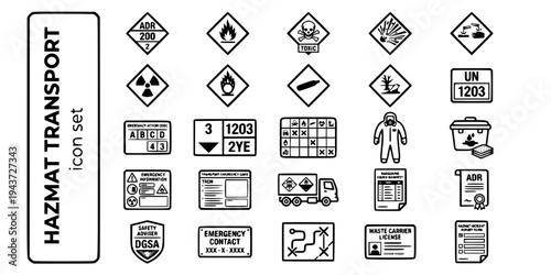 Hazmat Road Transport Bold Line Icons-ADR Placard Flammable Toxic Explosive Radioactive Hazchem UN Number PPE Spill-25 Hazmat Icons Set Vector - Dangerous Goods Icons