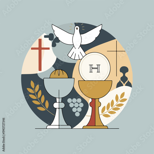 Religious iconography with dove, chalices, cross, and communion wafer