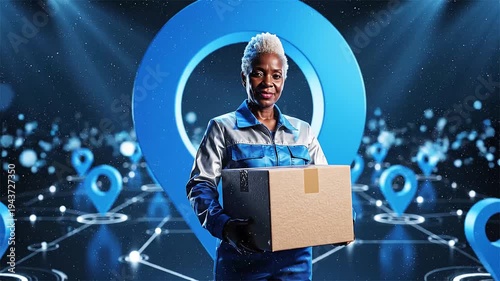 Professional delivery person holding package against futuristic digital map network with location