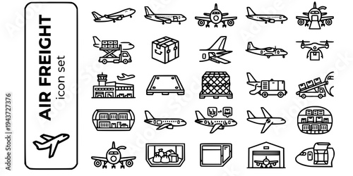 Air Freight Cargo Aircraft Bold Line Icons-Freighter Belly Cargo ULD Widebody Charter Drone Nose Loading Terminal-25 Air Freight Icon Set Vector - Aviation Icons