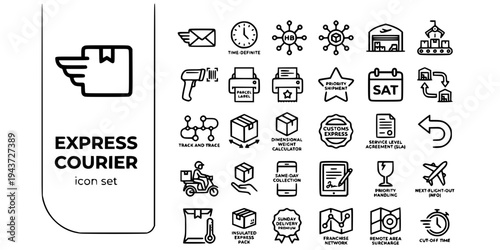 Express Courier Integrator Bold Line Icons-Overnight Hub Spoke Sortation Barcode Priority SLA Dimensional Weight NFO-25 Express Courier Icon Set Vector