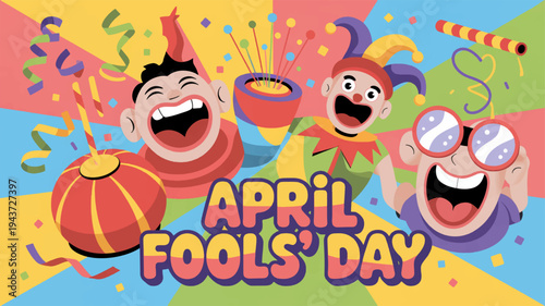 Colorful april fools' day illustration with jesters and party elements on multicolored background