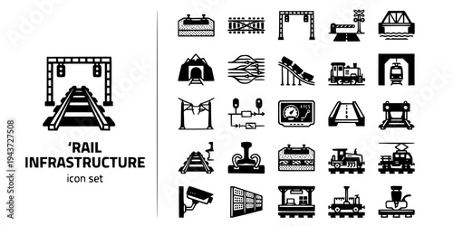 Rail Network Infrastructure Bold Line Icons-Track Switch Signal Gantry Level Crossing Tunnel Marshalling ETCS Catenary-25 Rail Infrastructure Icon Set Vector