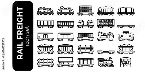 Rail Freight Locomotive Types Bold Line Icons-Diesel Electric Hopper Tank Boxcar Gondola Auto-Rack Intermodal Piggyback-25 Rail Freight Icon Set Vector