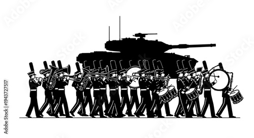 Military Marching Band and Tank Silhouette - Symbol of Power and Tradition