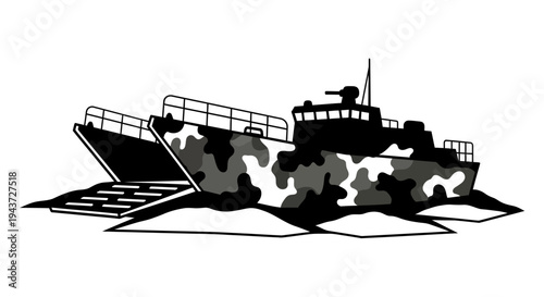 Military Landing Craft with Camouflage, Amphibious Assault Vehicle on Water