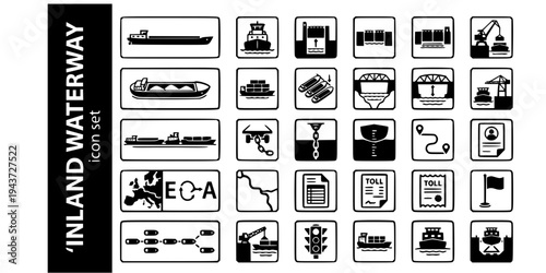 Inland Waterway Barge Transport Bold Line Icons-River Barge Push Boat Lock Chamber Canal Fleeting Draft Mark Convoy-25 Inland Waterway Icon Set Vector