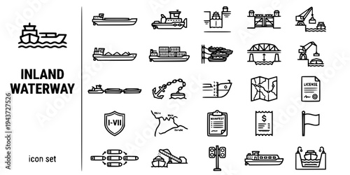 Inland Waterway Barge Transport Bold Line Icons-River Barge Push Boat Lock Chamber Canal Fleeting Draft Mark Convoy-25 Inland Waterway Icon Set Vector