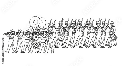 Military Marching Band Parade with Brass Instruments and Drums