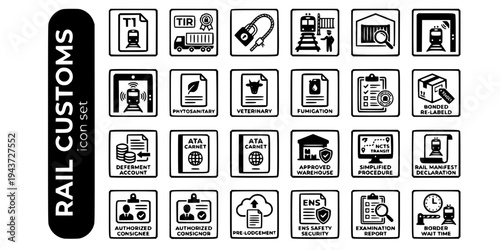 Rail Customs Cross-Border Bold Line Icons-T1 Transit TIR Carnet NCTS CTC ATA Carnet Phytosanitary Fumigation ENS ICD-25 Rail Customs Icon Set Vector