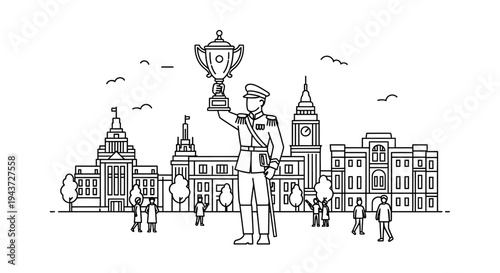 Military Officer Holding Trophy in Front of Iconic London Buildings